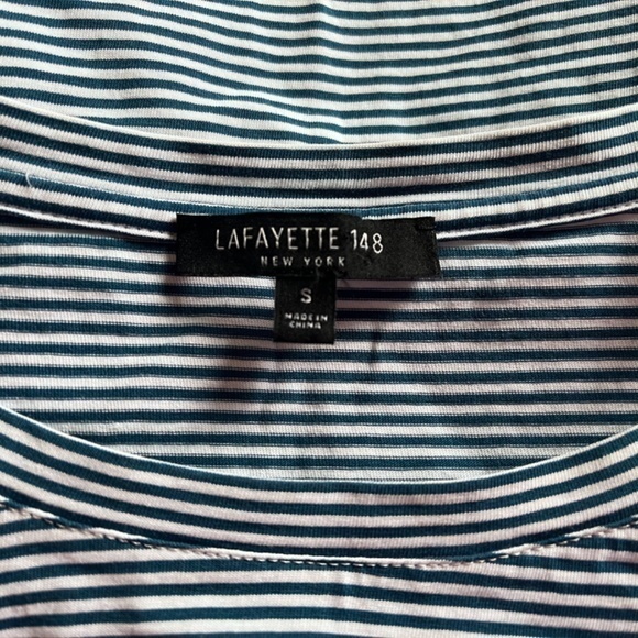 Lafayette 148 Kim Cotton Mini Stripe Roundneck Casual T-Shirt Top White Teal - Picture 6 of 13